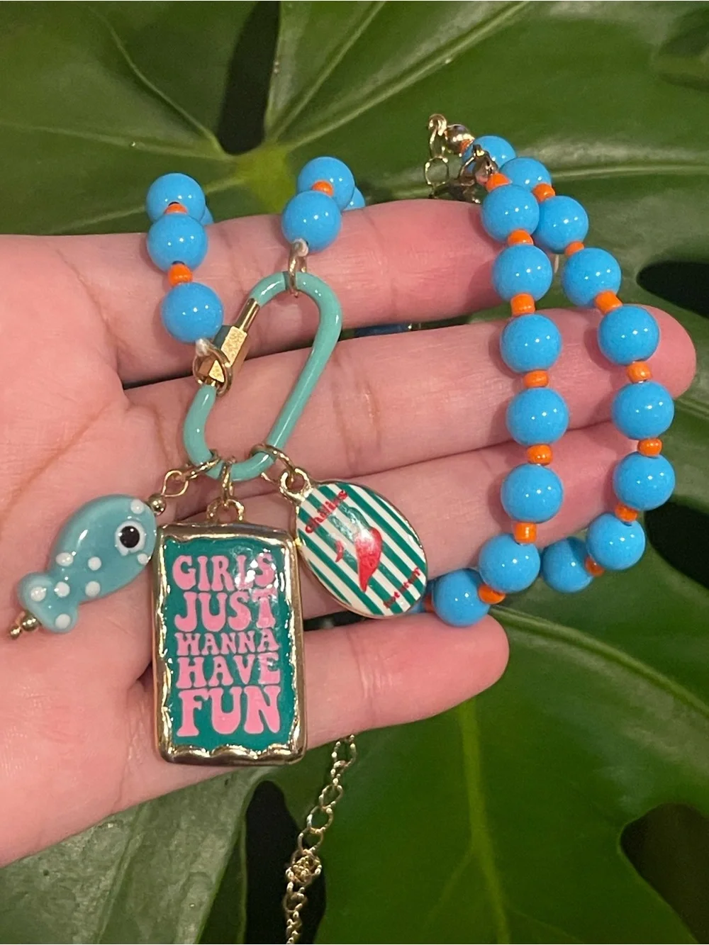 “Girls Just Wanna Have Fun” Blue Bead Charm Necklace